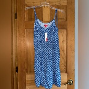 ELLE Blue Ruffled Neck Sundress XL Adjustable Straps Smocked Waist Pockets NWT